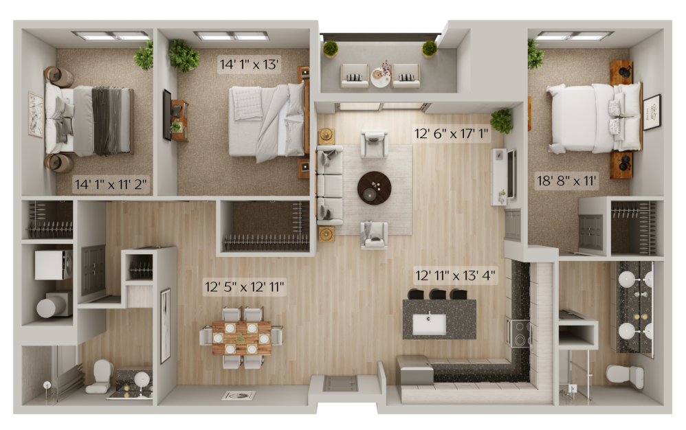 3 Bedroom - 3 bedroom floorplan layout with 2 bathrooms and 1614 - 1618 square feet (Layout
)