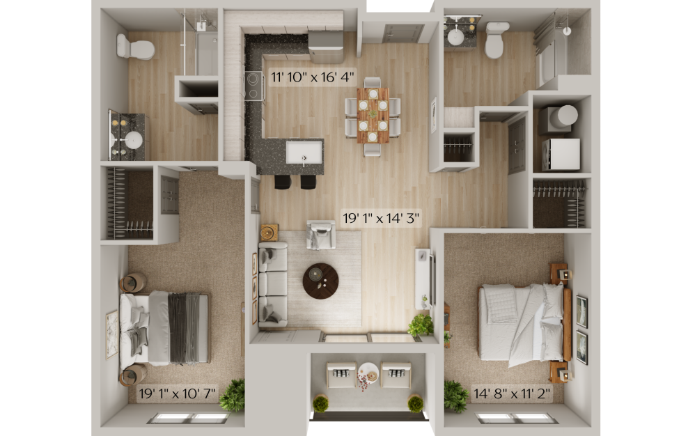 2 Bedroom - 2 bedroom floorplan layout with 2 bathrooms and 1108 - 1132 square feet (Layout
)